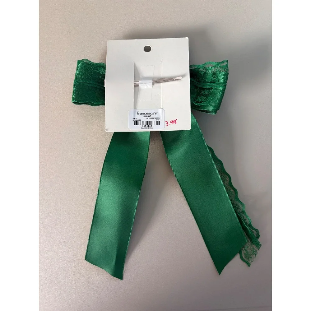 Francescas Forest Green Satin and Lace Oversized Hair Bow Clip Accessory